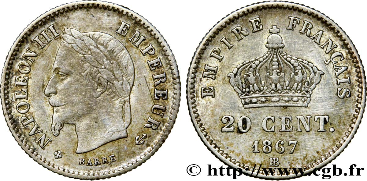 20 centimes Napoléon III, tête laurée, grand module 1867 Strasbourg F.150/2 AU55 