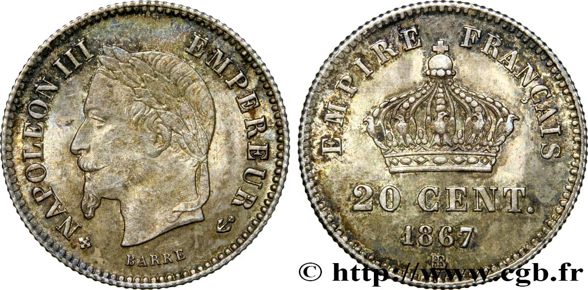 20 centimes Napoléon III, tête laurée, grand module 1867 Strasbourg F.150/2 AU55 