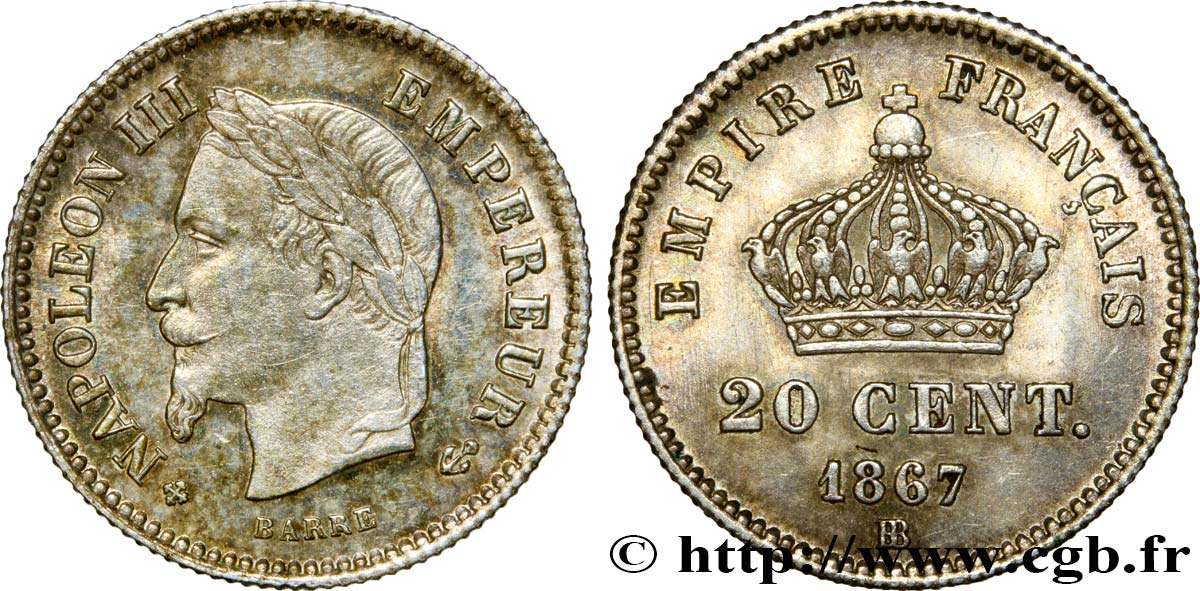 20 centimes Napoléon III, tête laurée, grand module 1867 Strasbourg F.150/2 EBC55 