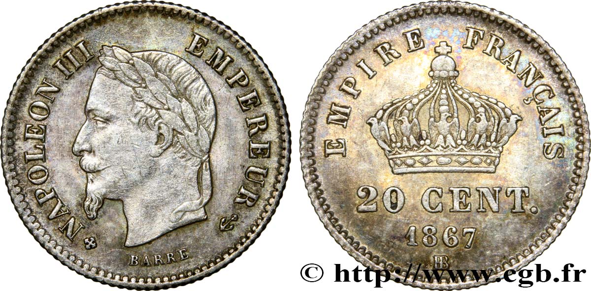 20 centimes Napoléon III, tête laurée, grand module 1867 Strasbourg F.150/2 EBC55 