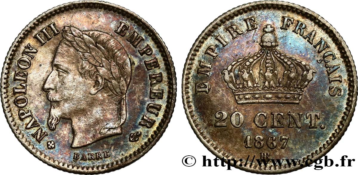 20 centimes Napoléon III, tête laurée, grand module 1867 Strasbourg F.150/2 EBC55 