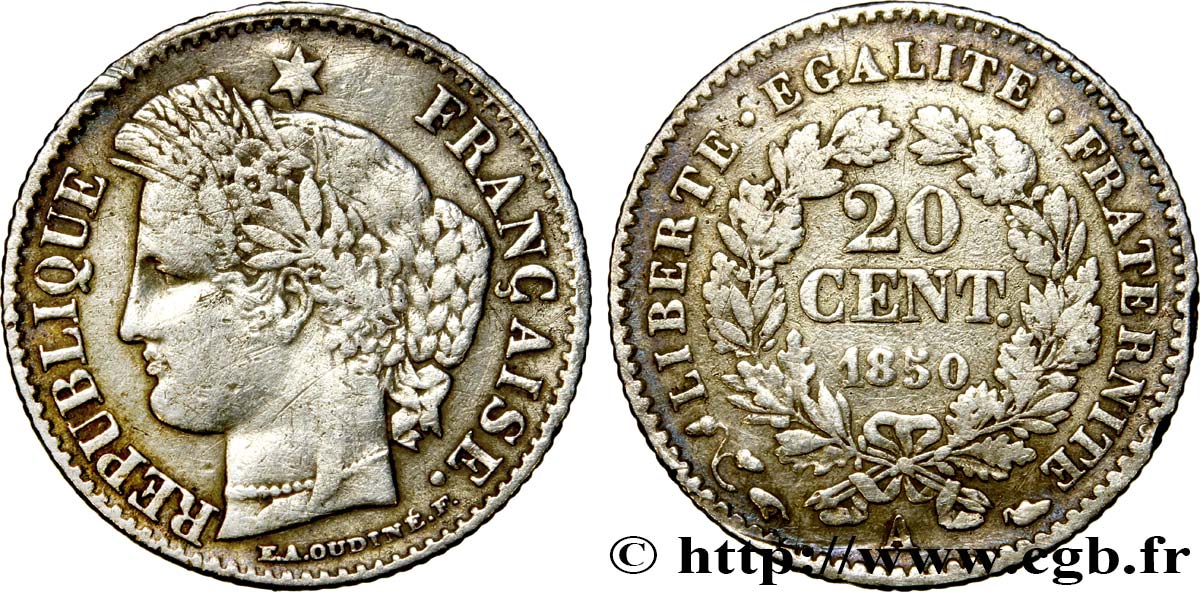 20 centimes Cérès, IIe République 1850 Paris F.146/3 TTB45 