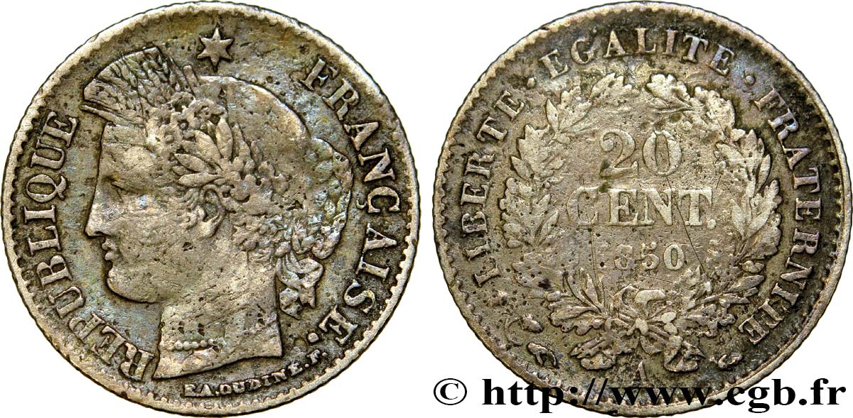 20 centimes Cérès, IIe République 1850 Paris F.146/2 VF25 