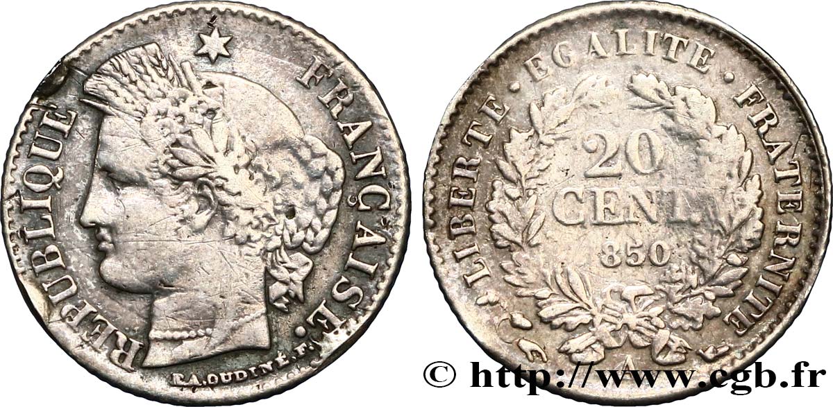 20 centimes Cérès, IIe République 1850 Paris F.146/2 VF25 