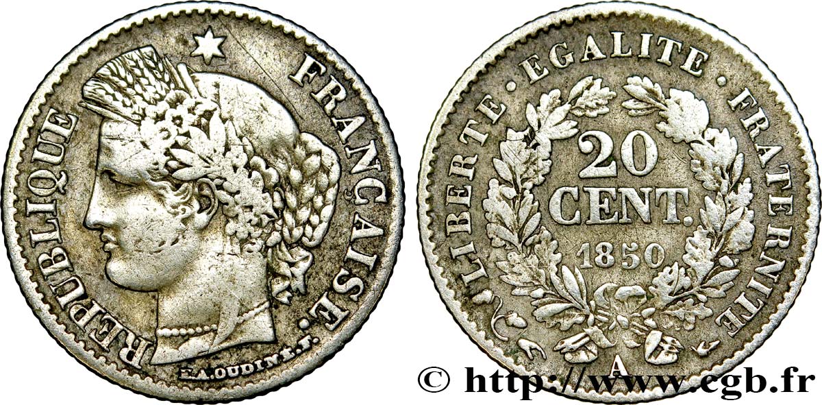 20 centimes Cérès, IIe République 1850 Paris F.146/2 TB25 