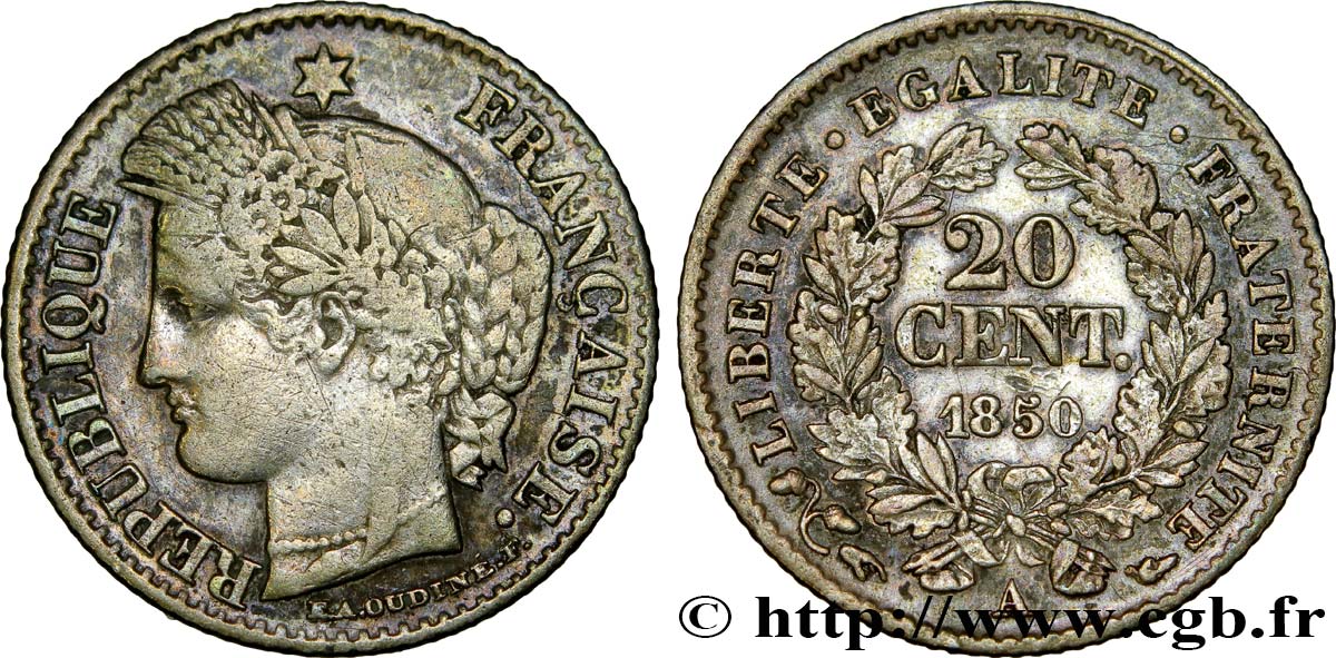 20 centimes Cérès, IIe République 1850 Paris F.146/2 TB25 