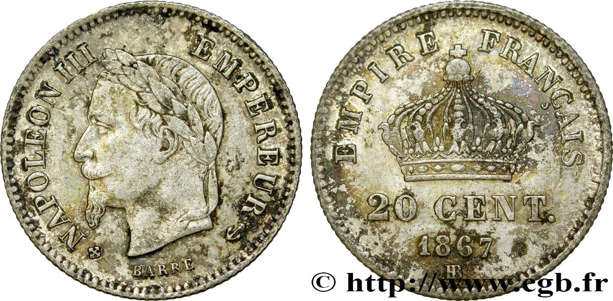 20 centimes Napoléon III, tête laurée, grand module 1867 Strasbourg F.150/2 TTB45 
