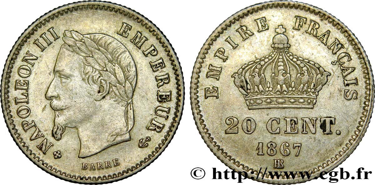 20 centimes Napoléon III, tête laurée, grand module 1867 Strasbourg F.150/2 SS45 
