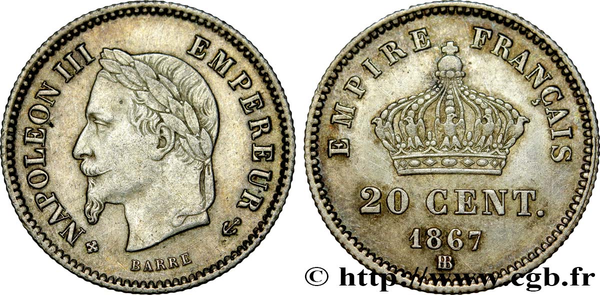 20 centimes Napoléon III, tête laurée, grand module 1867 Strasbourg F.150/2 MBC52 