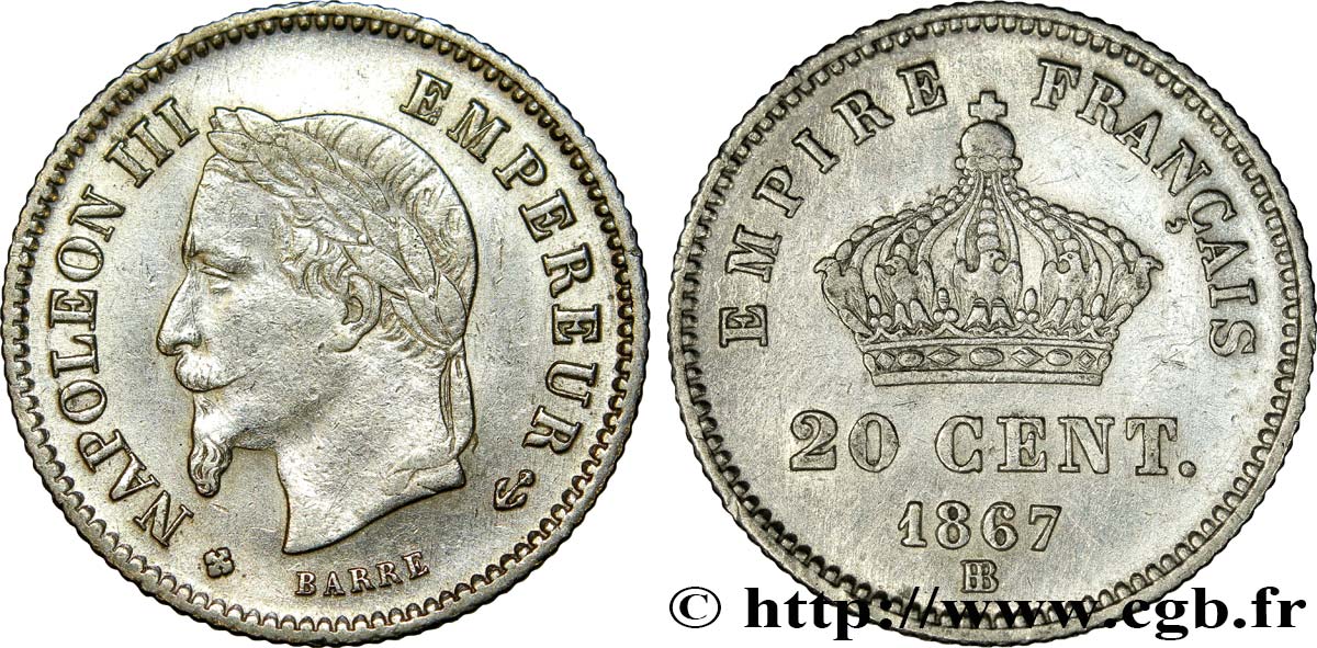 20 centimes Napoléon III, tête laurée, grand module 1867 Strasbourg F.150/2 TTB52 