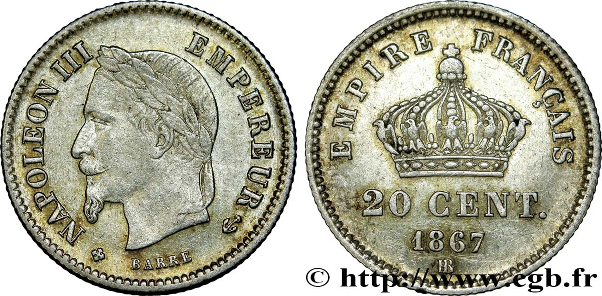 20 centimes Napoléon III, tête laurée, grand module 1867 Strasbourg F.150/2 AU52 