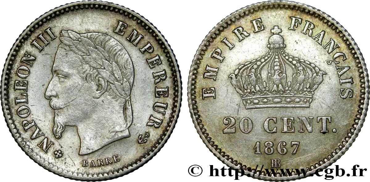 20 centimes Napoléon III, tête laurée, grand module 1867 Strasbourg F.150/2 MBC52 