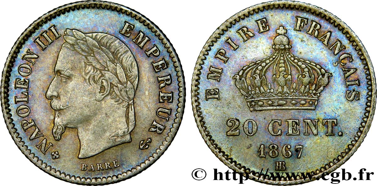 20 centimes Napoléon III, tête laurée, grand module 1867 Strasbourg F.150/2 AU52 