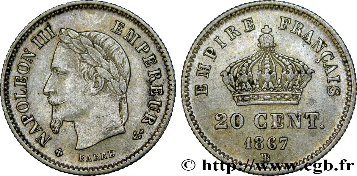 20 centimes Napoléon III, tête laurée, grand module 1867 Strasbourg F.150/2 BB52 