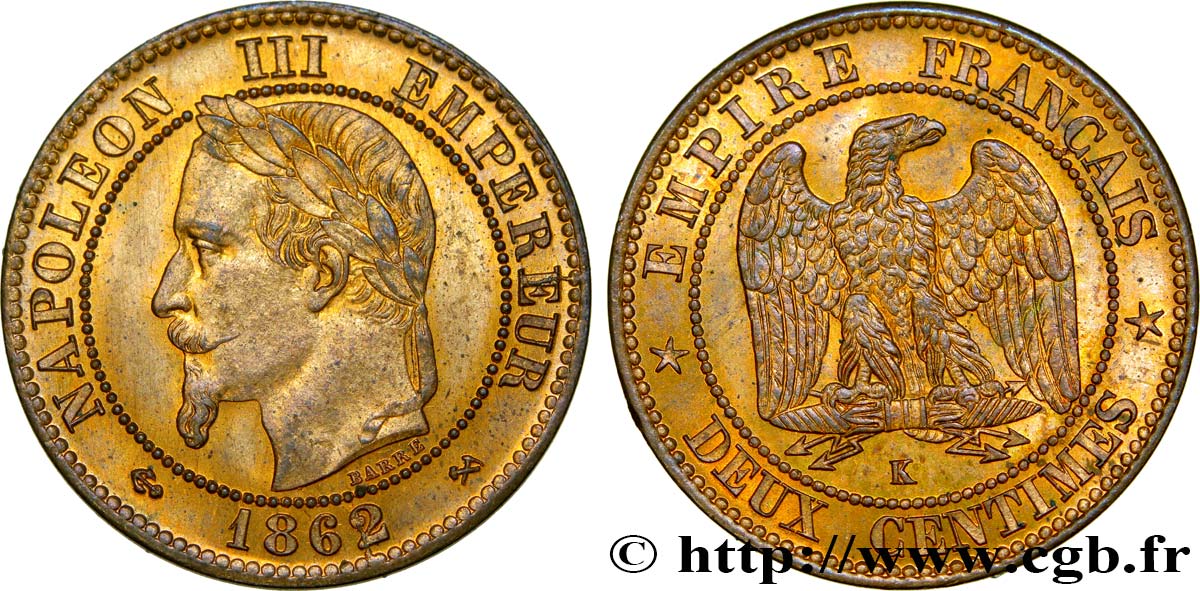 Deux centimes Napoléon III, tête laurée 1862 Bordeaux F.108A/7 fST64 