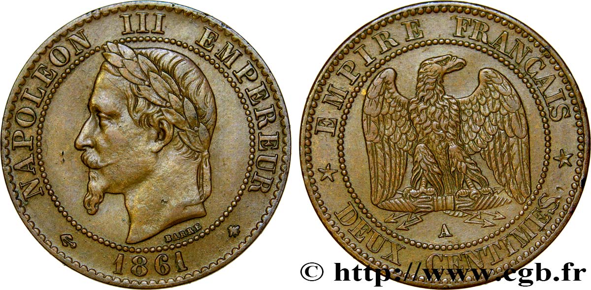 Deux centimes Napoléon III, tête laurée 1861 Paris F.108/1 TTB48 