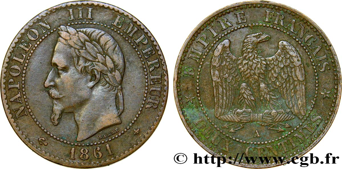 Deux centimes Napoléon III, tête laurée 1861 Paris F.108/1 VF35 
