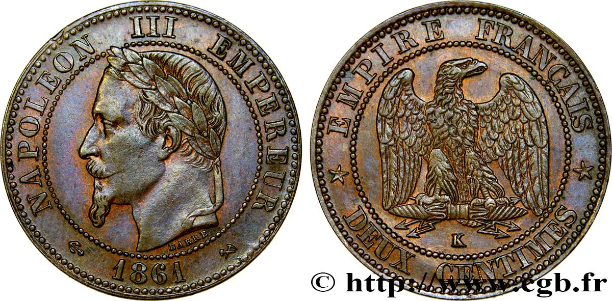 Deux centimes Napoléon III, tête laurée 1861 Bordeaux F.108A/3 SPL58 