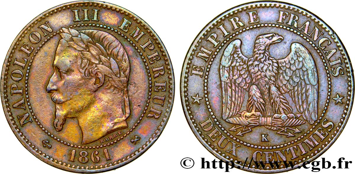 Deux centimes Napoléon III, tête laurée 1861 Bordeaux F.108A/3 MB35 