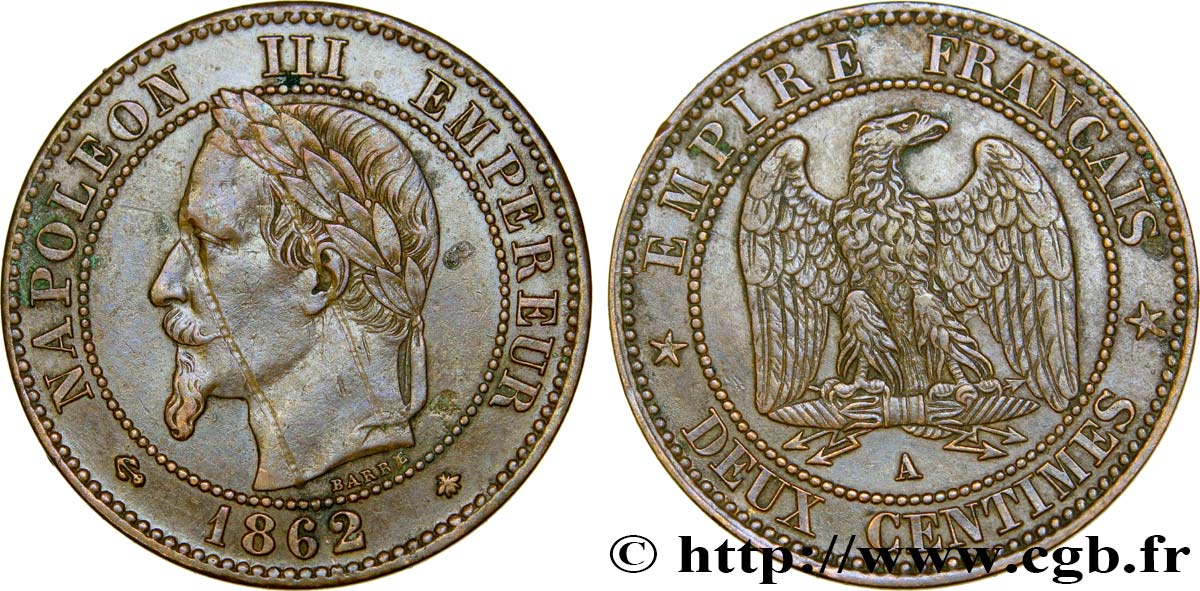 Deux centimes Napoléon III, tête laurée 1862 Paris F.108A/4 XF48 