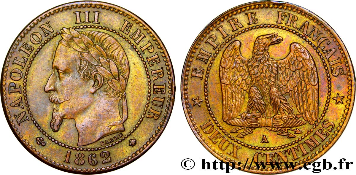 Deux centimes Napoléon III, tête laurée 1862 Paris F.108A/4 EBC55 