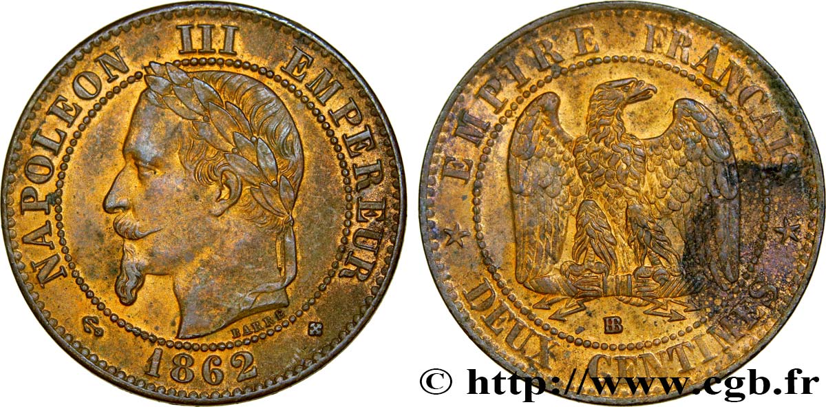 Deux centimes Napoléon III, tête laurée 1862 Strasbourg F.108A/5 EBC55 