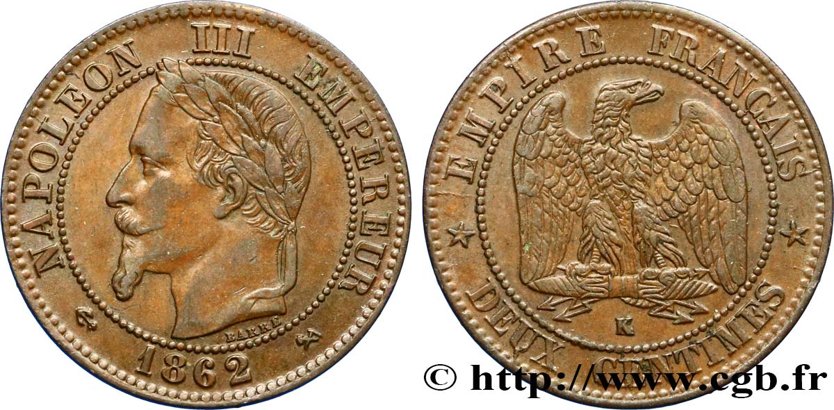 Deux centimes Napoléon III, tête laurée 1862 Bordeaux F.108A/7 MBC45 