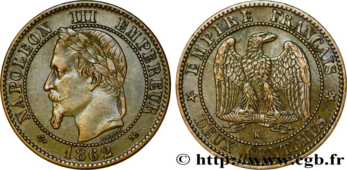 Deux centimes Napoléon III, tête laurée 1862 Bordeaux F.108A/7 XF45 
