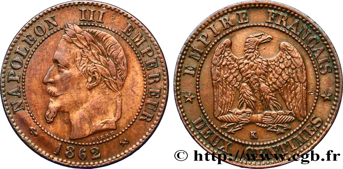 Deux centimes Napoléon III, tête laurée, buste définitif 1862 Bordeaux F.108A/7 TTB52 