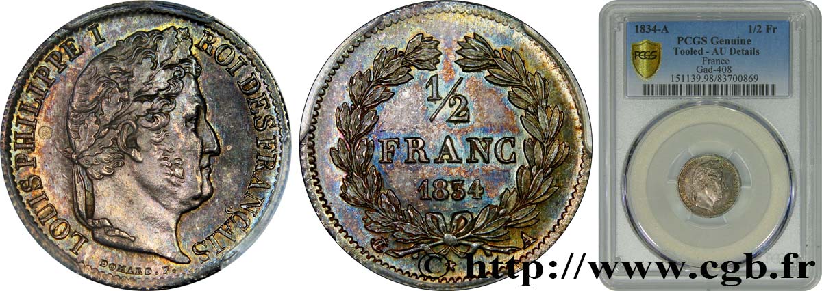 1/2 franc Louis-Philippe 1834 Paris F.182/40 EBC PCGS