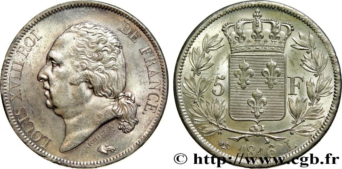 5 francs Louis XVIII, tête nue 1816 Bayonne F.309/8 EBC61 
