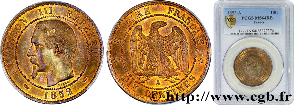 Dix centimes Napoléon III, tête nue 1852 Paris F.133/1 SPL64 PCGS