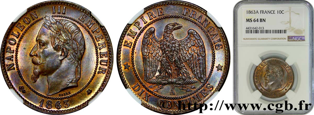 Dix centimes Napoléon III, tête laurée 1863 Paris F.134/10 SPL64 NGC