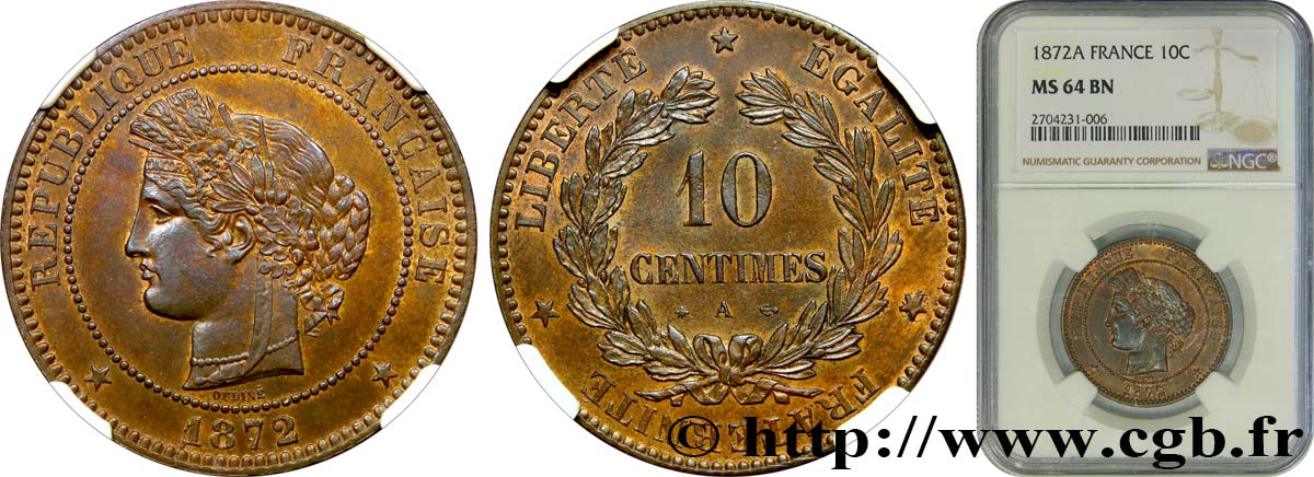 10 centimes Cérès 1872 Paris F.135/8 SC64 NGC