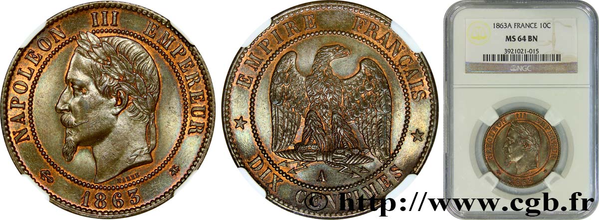 Dix centimes Napoléon III, tête laurée 1863 Paris F.134/10 MS64 NGC