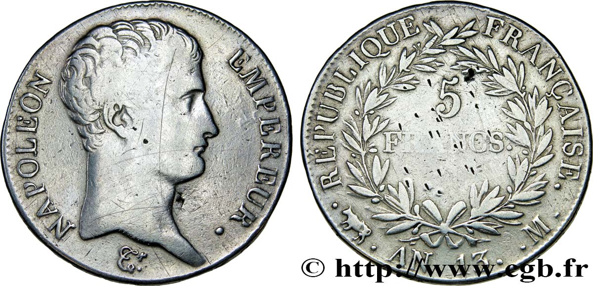 5 francs Napoléon Empereur, Calendrier révolutionnaire 1805 Toulouse F.303/13 B+ 