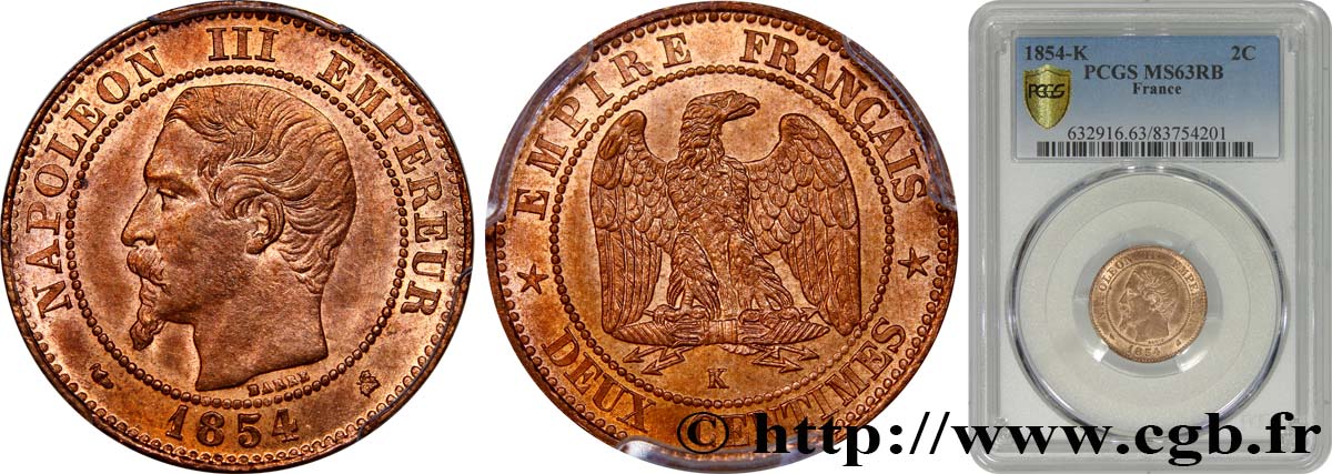 Deux centimes Napoléon III, tête nue 1854 Bordeaux F.107/16 fST63 PCGS