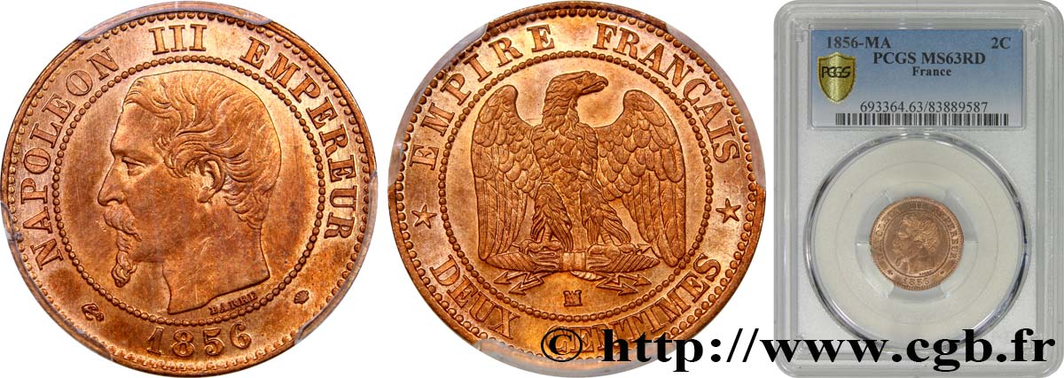Deux centimes Napoléon III, tête nue 1856 Marseille F.107/42 SPL63 PCGS