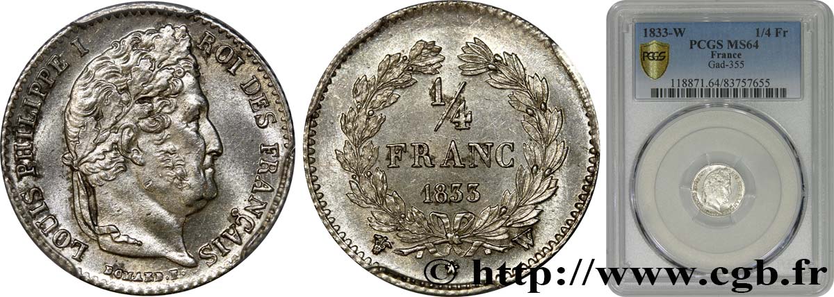 1/4 franc Louis-Philippe 1833 Lille F.166/36 SPL64 PCGS