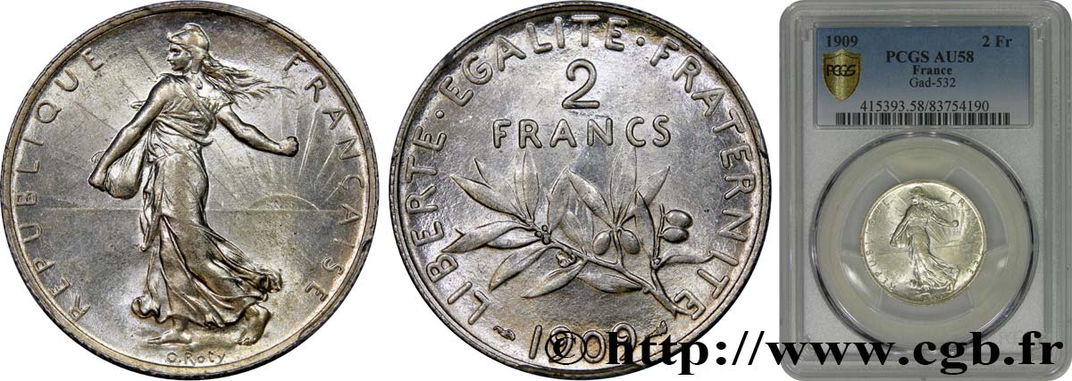2 francs Semeuse 1909  F.266/11 AU58 PCGS