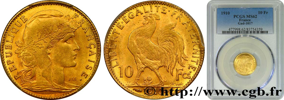 10 francs or Coq 1910 Paris F.509/11 SPL62 PCGS