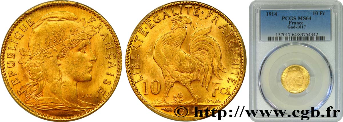 10 francs or Coq 1914 Paris F.509/14 fST64 PCGS