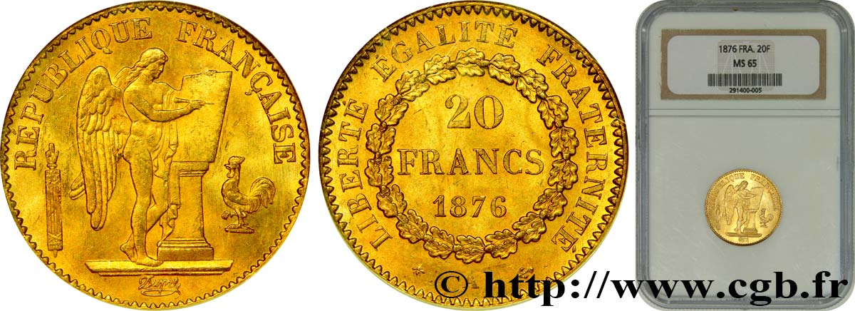 20 francs or Génie, Troisième République 1876 Paris F.533/4 MS65 NGC