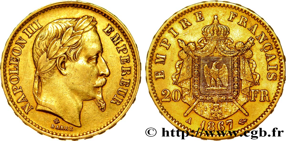 20 francs or Napoléon III, tête laurée 1867 Paris F.532/15 TTB48 