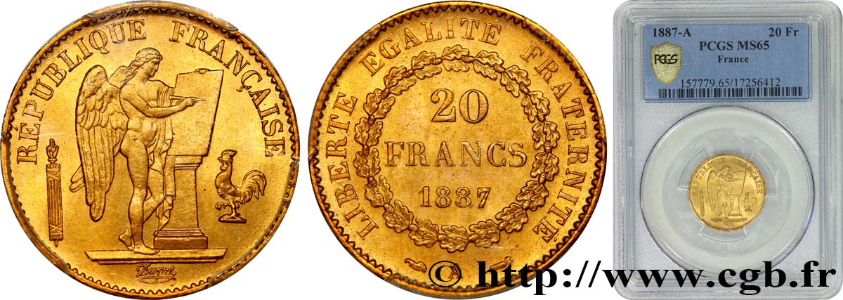 20 francs or Génie, Troisième République 1887 Paris F.533/10 MS65 PCGS