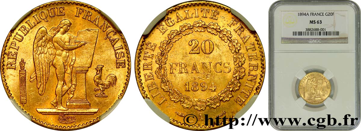 20 francs or Génie, Troisième République 1894 Paris F.533/18 fST63 NGC