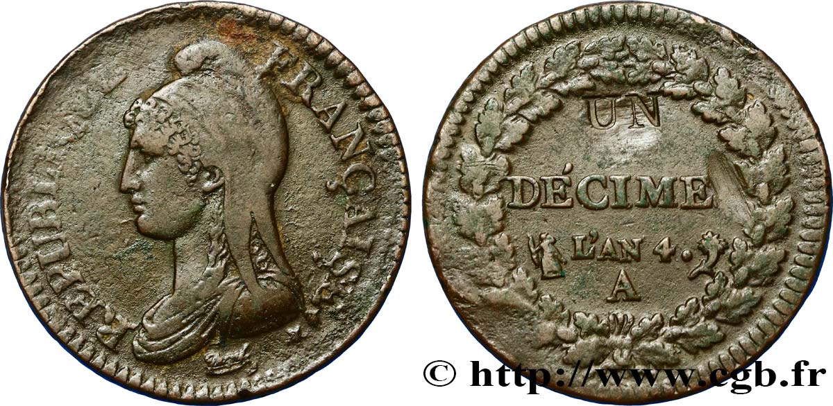 Un décime Dupré, modification du 2 décimes 1796 Paris F.127/1 MBC40 