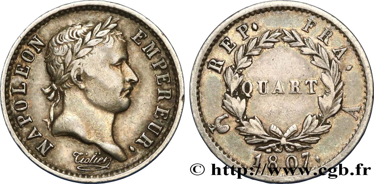 Quart (de franc) Napoléon Ier tête laurée, République française 1807 Paris F.161/1 BB45 