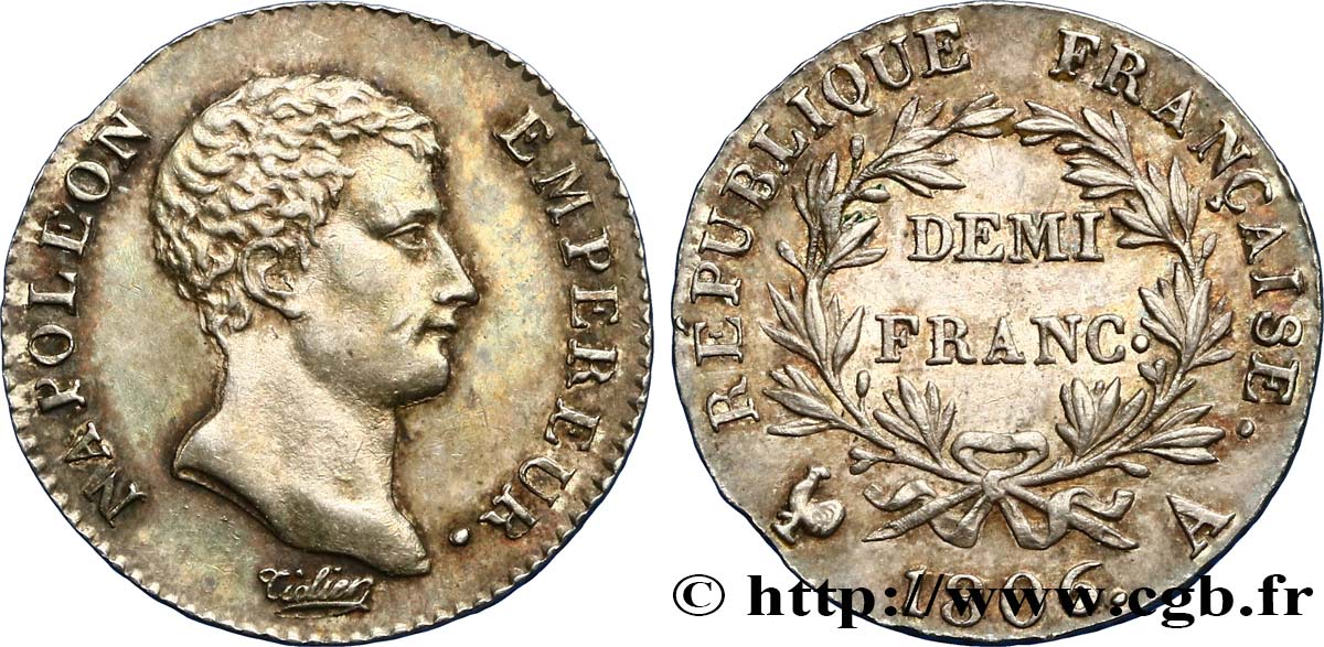 Demi-franc Napoléon Empereur, Calendrier grégorien 1806 Paris F.175/1 AU55 