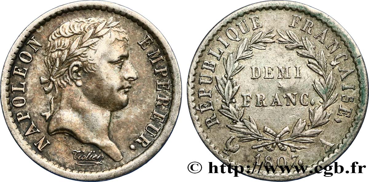 Demi-franc Napoléon Ier tête laurée, République française 1807 Paris F.177/1 MBC50 